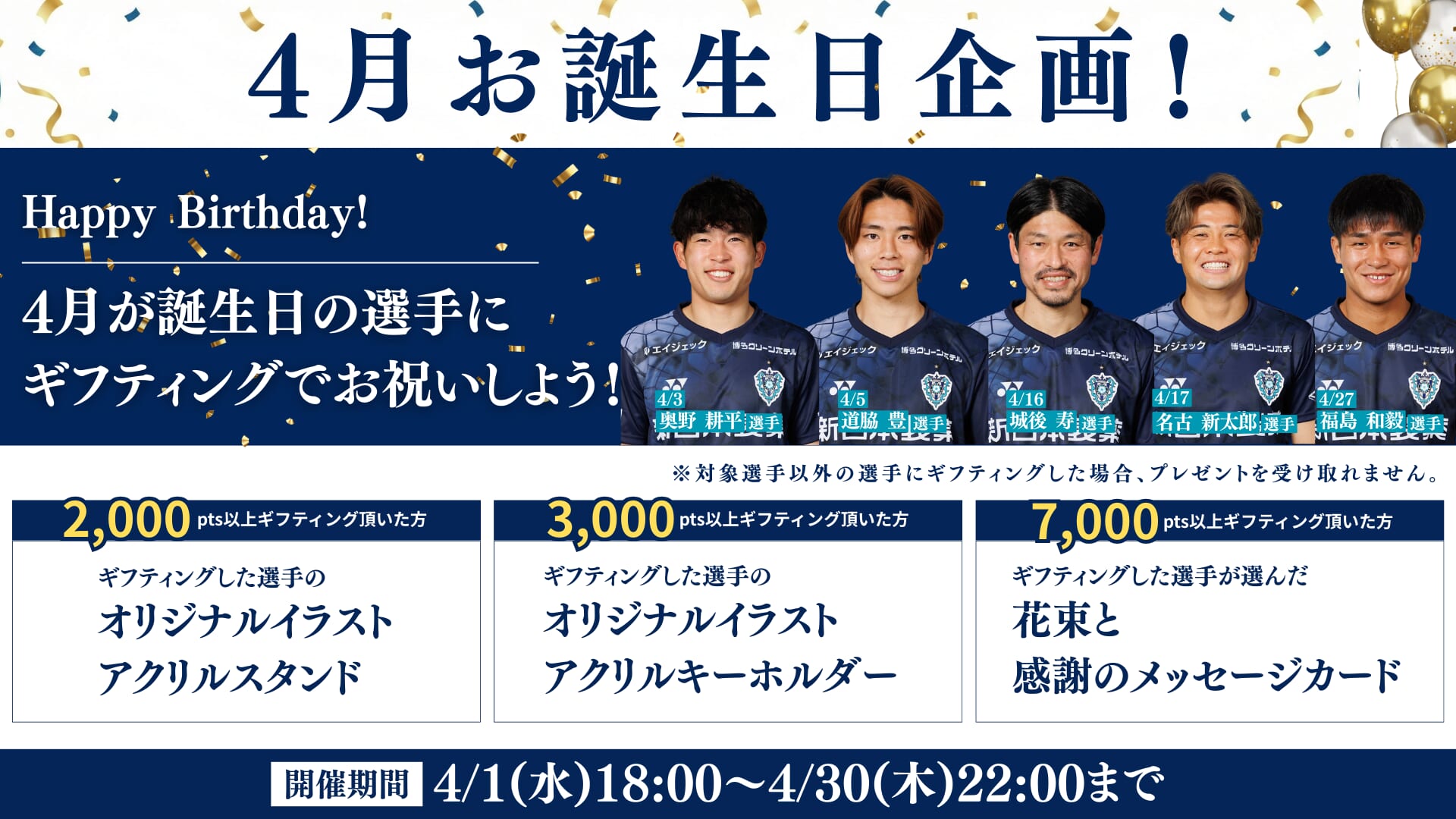 【4月お誕生日企画】4月が誕生日の選手にギフティングでお祝いしよう！
